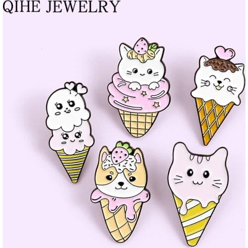 Cartoon Ice Cream Cat Enamel Pin Custom Dog Kitten Puppy Cute Brooches Bag Lapel Pin Animal Badge Jewelry Gift for Friends