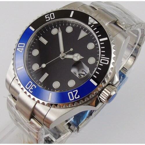 Black Sterile Dial Business Automatic Mens Wristwatch 24 Jewels NH35 NH36 MIYOTA 8215 Magnifier Clear Glass Back Ceramic Insert