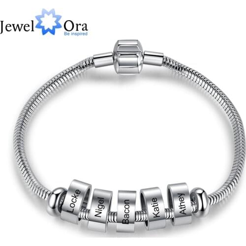 JewelOra Customized Stainless Steel Name Beads Bracelet Metallic Style Personalized Engraving Mens Bracelet Gift for Fathers Day