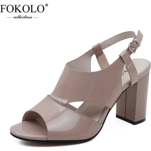 FOKOLO Summer Sandals for Women Open Toe Patent Leather Buckle Strap High Heels Fashion Handmade Genuine Leather Lady Shoes L22