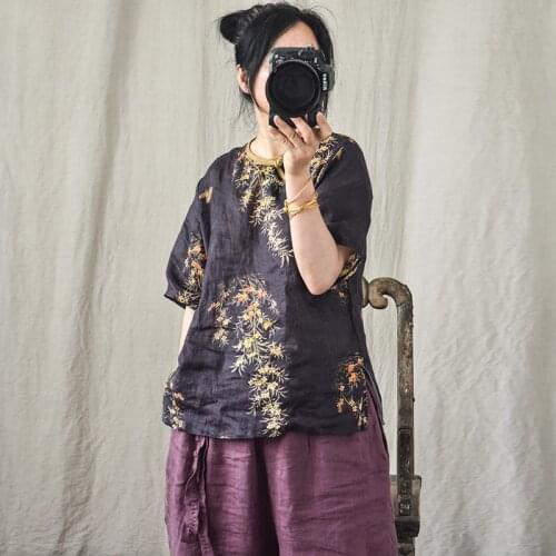 Women Retro Loose Printed Linen Blouse Tops Ladies Short Sleeve Summer Shirts Female 2021 Handmade Button Shirt 2021