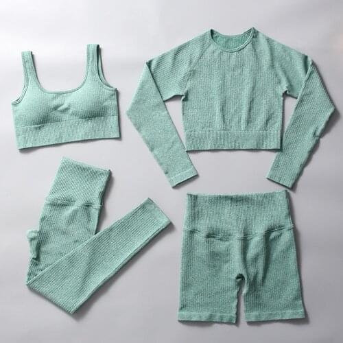 Womens Sportswear Yoga Set Workout Clothes Athletic Wear Sports Gym Legging Seamless Fitness Bra Crop Top Long Sleeve Yoga Suit