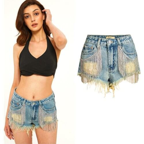 2020 European and American style summer nightclub tassel hips sexy wide leg A diamond chain denim shorts