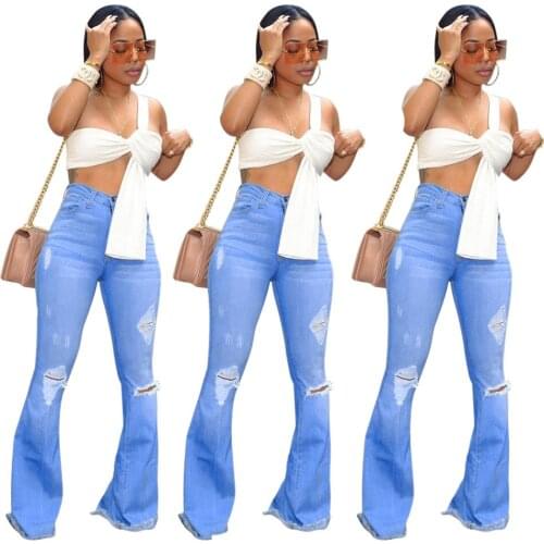 FNOCE 2020 new womens ripped jeans pants fashion trends casual street solid high waist tight hole slim full denim Wide Leg Pant