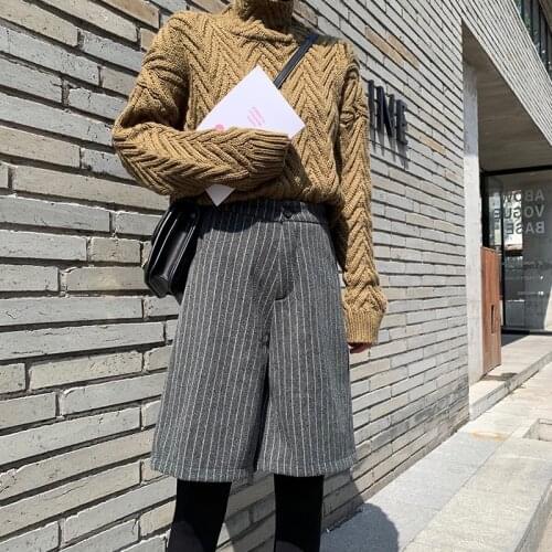 Knee Length Autumn Winter Women Wool Shorts Korean Chic Lace-Up High Waist Wide Leg Shorts Ladies Elegant Woolen Loose Shorts