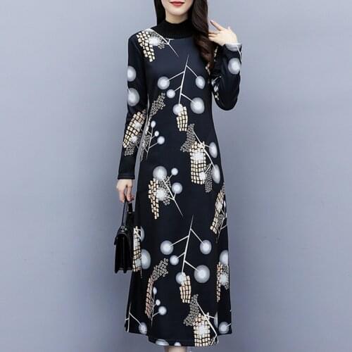 Autumn And Winter new Elegant Long Dress women Vintage Print Dress temperament Large size 4XL Dress women