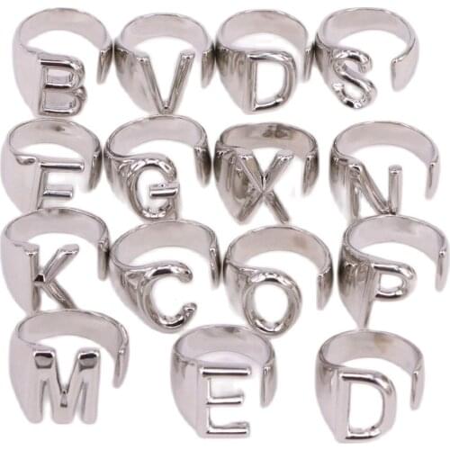 10PCS, Simple Letter Silver Color Adjustable Opening Ring Initials Name Alphabet Female Party Fashion Jewelry