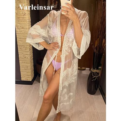 White Tunic Women beach cover up Bathing Suit Embroidery Half Sleeve Chiffon Cardigan Bikini Cover-Ups Tops beach Wear V2754