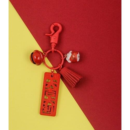 Bell-omamori Fortune Cat Wooden Wealth Bag Pendant Good-luck Keyrings Keychain Charm Bag Pendant Nice Gift J11