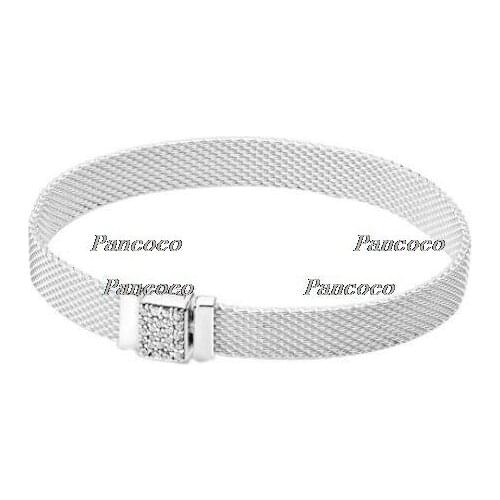 925 Sterling Silver Bracelet Reflexions Pave Clasp Mesh Bracelet Bangle Fit Women Bead Charm Diy Pandora Jewelry