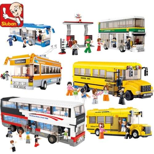 Sluban City Vehicle Car Container Truck Model Building Blocks oil tank double-decker school bus sets brick kids Construction Toy