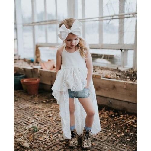 1-6Y Fashion Kids Lace Dress Set Neck Strap Tie Up Backless Dress Tops Elastic Waist Short Jeans with Pockets