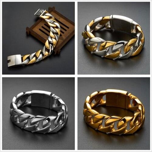 Hip Hop Mens Bracelet 316L Stainless Steel Heavy 26MM Wide Gold Tone Curb Cuban Chain Bracelet for Mens Jewelry 8''-11'' Inch