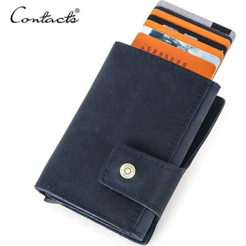 CONTACTS Vintage Credit Card Holder Blocking Crazy Horse Leather Card Wallet Unisex Security Information Aluminum Purse RFID