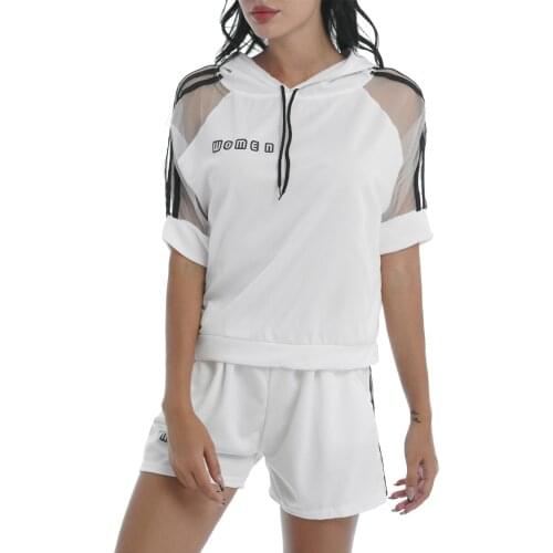 Summer Sexy Running Set Yoga Sport Suits Gym Fitness Tracksuits Women Sportswear Casual Hooded Hoodie T-shirt Top+Shorts Clothes