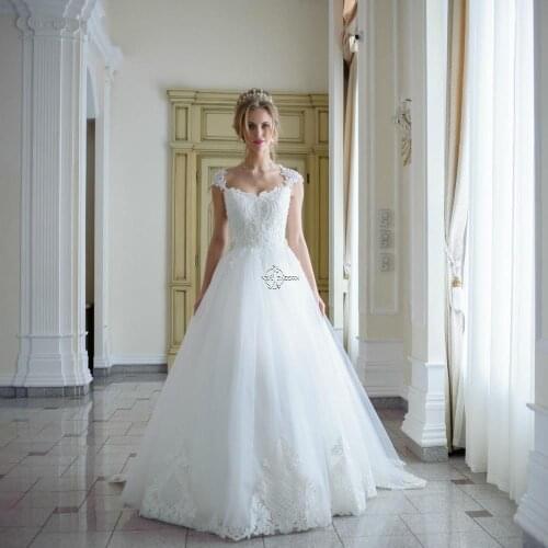 2019 Beautiful Cap Sleeves Lace Wedding-Dresses White Ivory Tull Skirt Lace Edge A Line Bridal Gown Skirt Vestido De Noiva