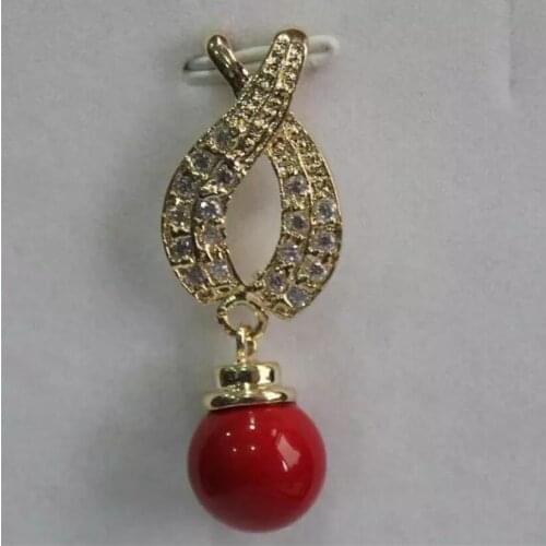 Fashionable zircon metal plated 12 mm red shell pearl necklace pendant