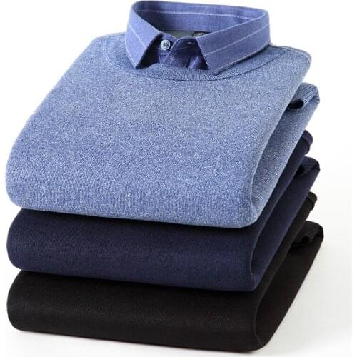 2021 Winter New Mens High-end Brand Knitwear Business Casual Fake Two-piece Pullover Warm Shirt Male Classic Fashion Sweater