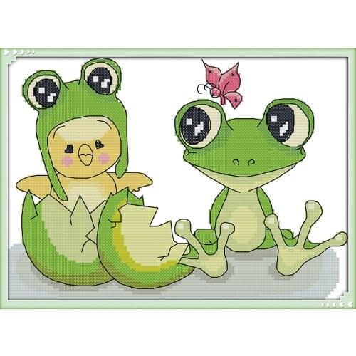 The chicken and the frog cross stitch kit Pattern printed on canvas DMC embroidery handmade needlework craft supplies material