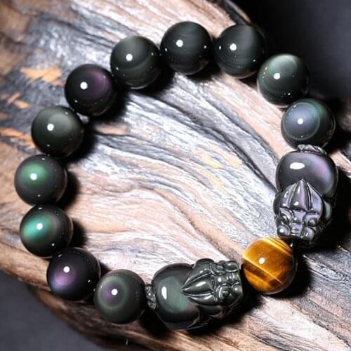 Natural real obsidian bracelet good luck feng shui brave colorful eye bracelet beckoning beast bracelet men and women jewelry