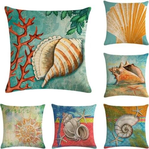 Printed Starfish Seashell Cushion Cover 45*45cm Cotton Linen Wedding Decor Throw Pillowcase 1 Side Print Cojine