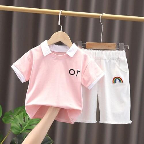 New Toddler Boys Casual Fashion Clothing Sets Summer Kids Patchwork Cotton T-shirt+Rainbow Print White Shorts Baby Girls Outfits