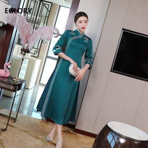 Top Quality Brand Chinese Dress Plus Size Clothing 2021 Spring Summer Women Lurex Embroidery Midi Dark Green Pink Dress Qipao