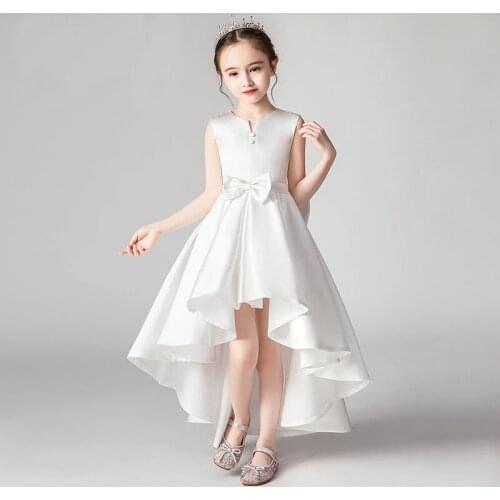 Flower Girl Dresses for Weddings Sleeveless White Small V Neck Long Communion Dresses Bow High Low Girls Princess Dresses