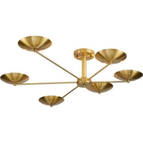 Industrial Style Golden Brushed Metal Ceiling Mount G4 Bulbs with 6 Round Disc Shade Pipe Erected Chandelier Living Room Villa