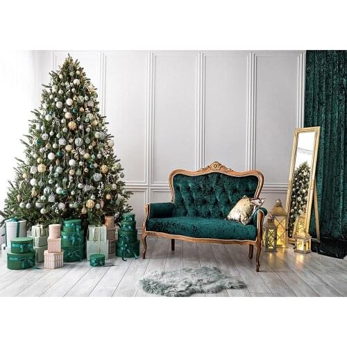 Christmas Tree Gifts Green Curtain Sofa Photo Backdrop Custom Background for Children Baby Family Photoshoot Photography Props