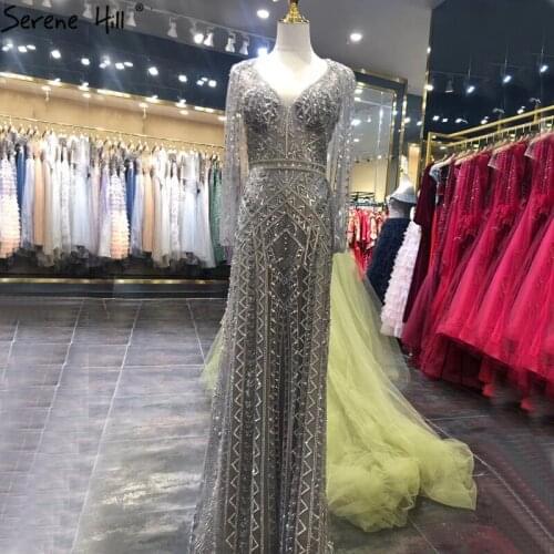 Serene Hill Mermaid Grey Sexy Evening Gowns 2020 Dubai Sparkle Beading Long Sleeves Formal Dress Design DLA70760