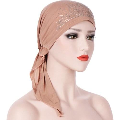 Diamond Long Tail Turban Caps For Women Muslim Bonnet Ready to Wear Hijab Musulman Femme Head Wraps Ladies Hair Loss Chemo Cap