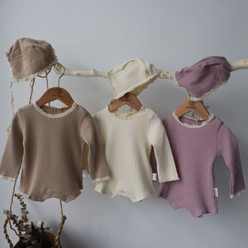2021 spring Korean childrens clothing baby childrens lace collar cotton bodysuit baby girls long sleeve triangular