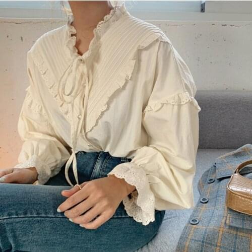 2021 New Arrival Hollow Out Vintage Elegant Tops Women Shirt Solid Long Sleeve Korean Style Folds V-neck Loose Blouses Blusas