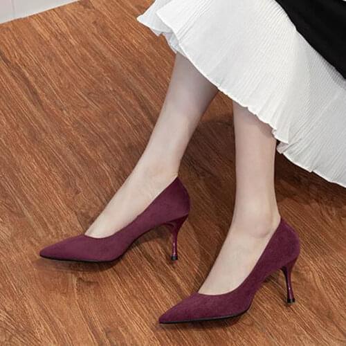 2021 Summer New Fashion Flock Leather Pointed Toe Spike Heels Office Ladies Black Shoes