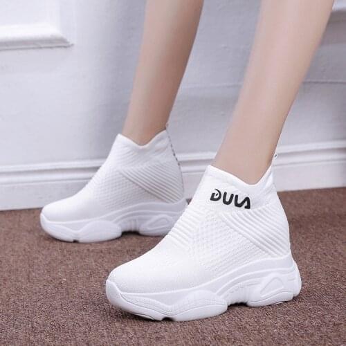 Breathable Knitted Chunky Sneakers Women 2020 New Spring Solid Wedge Sock Shoes Woman Thick Bottom High Top Shoes Female White