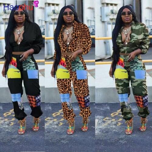 Womens Set Camouflage Leopard Print Long Sleeve Crop Top+workout Baggy Cargo Pant Jogger Autumn Color Block Two Piece Tracksuit