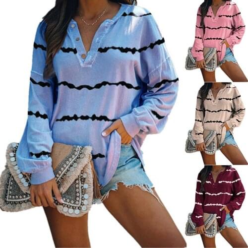 Women Fashion Stripe Printed Pullover T-Shirts V-neck Button Long Sleeve Loose T-Shirt Top Autumn Spring Oversized Casual Top