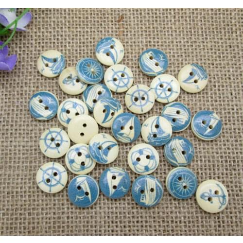 100pcs Fashion 15mm Mixed Color Round Navigation Pattern Wooden Buttons For Clothes Crafts Sewing Scrapbooking DIY Accessories