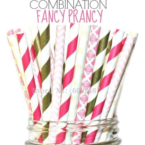 100pcs Mixed Colors FANCY PRANCY Party Paper Straws,Deep Pink and Gold Stripe,Light Pink Chevron,Hot Pink Damask,Wedding,Cheap