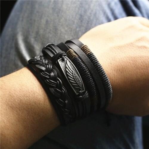 3 Pcs/set Vintage Punk Snowflake Cross Guitar Feather Charm Men Leather Bracelets For Women Femme Homme Male Gift Jewelry