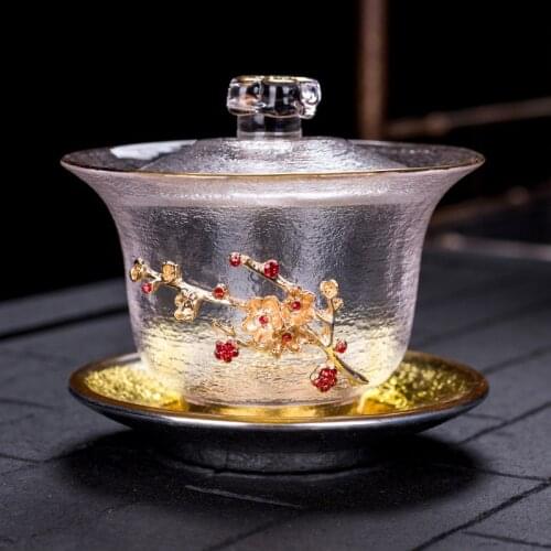 Japanese-Style Tinned Glass Cover Teacup Gold Heat-Resistant Thickening Gaiwan Tea Bowl Tea Making Kung Fu Teaware Tea Set