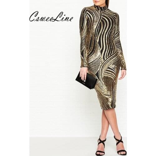 Black gold sequin midi dress women sexy elegant night club evening party outfit long sleeve high neck stripe sequin dress female