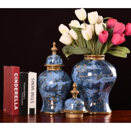 European Style Light Luxury Blue Gold Ceramic Storage Jar Vase Decoration Home Decoration Jar Living Room Desktop Decoration