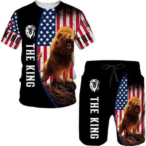 Personality animal series Mens Sets Summer funny t-shirts suit 3d King of Lion print Tracksuit hip hop streetwear tshirt Shorts