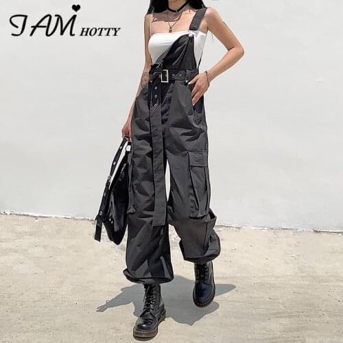 IAMHOTTY Big Pockets Overalls For Women Punk Wide Leg Belt Joggers Streetwear Cargo Sweatpants Female Vintage Jumpsuit Pants