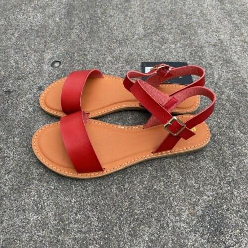 Leather Sandals for Women Flat with Summer Shoes Woman Retro Solid Round To Comfortable Casual Anti Skidding Beach Sandalias