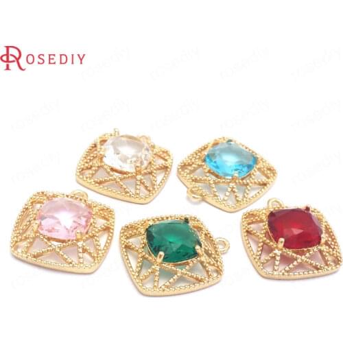 10PCS 19x21MM 24K Champagne Gold Color Brass and Glass Square Charms Pendants Jewelry Making Supplies Diy Findings Accessories