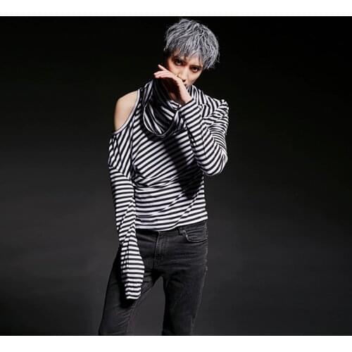 Men personality asymmetry design striped long sleeve t shirt hairstylist clothes men nightclub punk tees tops stage costume