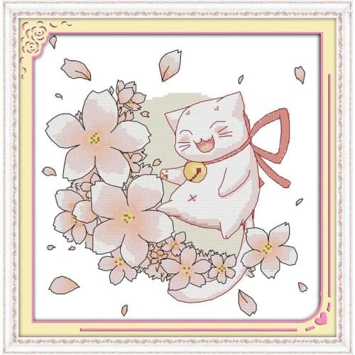 Blessing Cat DIY Handmade Embroidery Set Chinese Cross Stitch Needlework Counted Print on Canvas 14ct Cartoon Baby Room Decor
